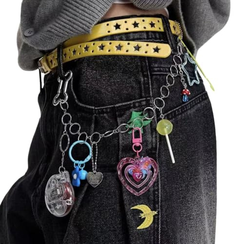 GreatRise Stilvolle Edelstahl Hosenkette Punk-Kettengürtel mit Bunt Schlüsselanhänger Anhänger Vintage Taschenkette Hip Hop Jeanskette Y2k Kette für Eboy Egirl Männer und Frauen Hosen Jeans Tasche