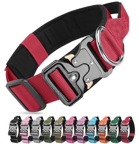 Ledeak Taktisches Hundehalsband mit Griff, Weich Gepolstert Verstellbares Hunde Halsband, Nylon Breit Trainings Halsband, Robuster Dog Collar mit Metallschnalle für Mittlere Große Hunde (Rot, M)
