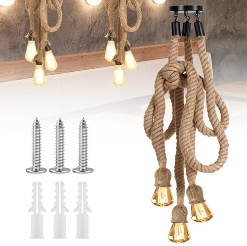 GOEDCH 1M Lampada a sospensione in corda di canapa: 3 teste, lampadario vintage DIY, lampada a sospensione industriale, attacchi E27 per soggiorno, caffè, ristorante, lampadario industriale vintage in