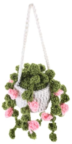 Zerodeko Handmade Crochet Hanging Plant Basket Car Ornament, White Basket Pink Flower, Crochet Car Interior Decor Hanging Pendant for Vehicle Decoration