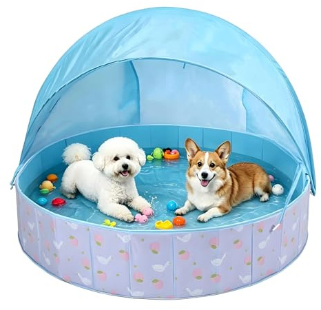 Hundepool Faltbar mit Sonnendach, 120x30cm Hundebadewanne mit Ablaufventil, rutschfeste Verdicktes PVC Planschbecken für Große Hund & Kinder, Tragbarer Hundeplanschbecken (Blau)