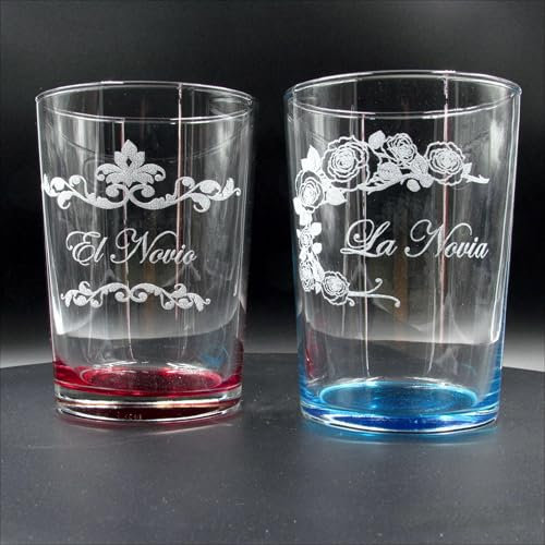 L9 Singular ® Juego de 2 Vasos de Sidra o Anchos con Apoyo en Color para Bodas grabadas con Laser en Estuche para Regalo Original