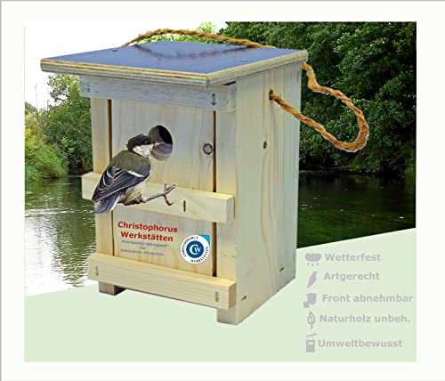 Christophorus-Werkstätten Nistkasten für die Kohlmeise aus Kiefernholz | Artspezifisch und nach NABU-Vorgaben in Handarbeit gefertigt | Wasserfeste Abdeckung | Nisthilfe | Vogelhaus | Made in Germany