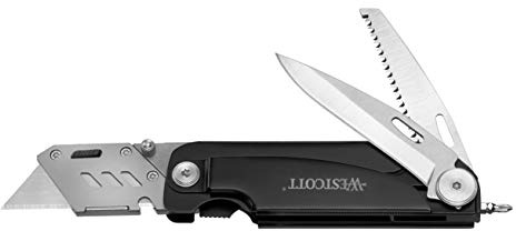Westcott E-84034 00 Multitool Cutter multifunktionskniv, 7, 5 cm Drop-Point Blad, 7, 5 cm Fällsåg, skruvmejsel, LED-ljus, linjal, metallhandtag, svart, 19 cm