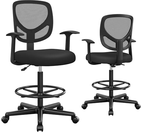 SONGMICS Drafting Stool Chair with Armrest, Mesh Office Chair, Ergonomic Painting Chair with Height Adjustable Footrest, 360?Swivel Task Stool, For Standing Desk, Black OBN25BKUK
