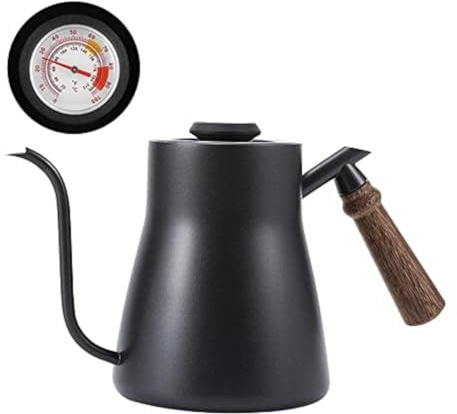 850ml Hervidor de Café con Cuello de Cisne con Mango de Madera, Acero Inoxidable Con/Sin Termómetro Verter sobre el Hervidor de Café, Diseño Elaborado de la Boquilla, Antideslizante (Con termómetro)
