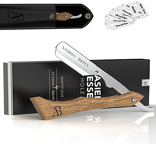 Anthony Brown Rasiermesser Holzgriff mit Wechselklinge und Etui, Silber | Shavette mit Wechselklinge und Holzgriff, inkl. Etui, präzise Nassrasur, exakte Bartkonturen