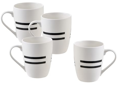 UNITED COLORS OF BENETTON. Black & White | Tazza di Porcellana | 4 Pezzi da 360 ml | Alta Durevolezza e Resistenza | Tazze per Colazione Adatti per Lavastoviglie | Bianco a Strisce