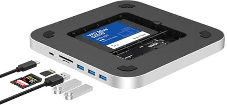Qwiizlab USB-C-Hub mit Dual-Laufwerk-Gehäuse, Dockingstation für Mac Studio Mac Mini M2/M1/Intel, Typ-C 10 Gbit/s, Kartenleser 104 MB/s, passend für M.2 NVMe NGFF SSD und 6,3 cm SATA SSD (Silber)
