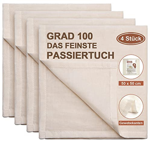 eFond Passiertuch, 4 Stück 50x50cm Käsetuch Feingewebt Dichtegrad 100 Cheesecloth Ungebleichte Reine Baumwolle mulltuch mit Sauber Umgeschlagene Saum, Seihtuch Waschbar und Wiederverwendbar