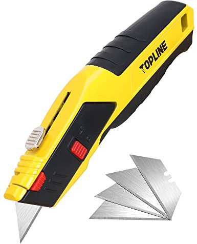TOPLINE Heavy Duty Auto-Loading Utility Knife, Safety Box Cutter Knife for Quick Blade Change, Box Cutter Retractable with Blade Storage, 5-Piece SK5 Blades Included