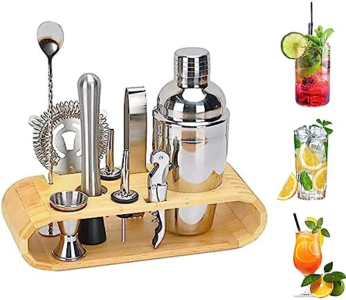 Elex® Set of 16 Cocktail Shaker Mixer 750ml Stainless Steel Bar Tool Set Bartender Kit +Wooden Stand,Cocktail,Straws, brush,Shot Glass Gift Set
