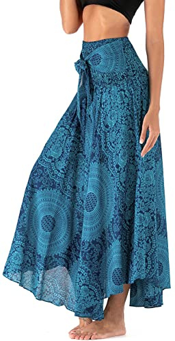 PNKJ Women Bohemian Mandala Floral Print Rayon Hippie Maxi Skirt Boho Summer Beach Dress Fits S M L