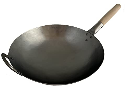 AAF Nommel Wok Padella in acciaio al carbonio martellata a mano diametro 38 cm con fondo rotondo doppio manico