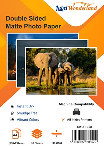 Pack of 50 Matt Photo Paper A4 Double Sided 140 GSM (210mm x 297mm) Photo Printer Paper for Printers LabelWonderland