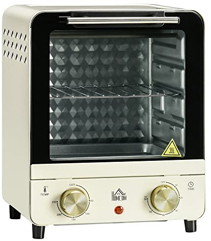 HOMCOM Mini forno 15L, forno per pizza a convezione, 1000 W Mini forno elettrico con set di teglie, vassoio per le briciole, timer di 1 ora, 60-230℃, bianco crema