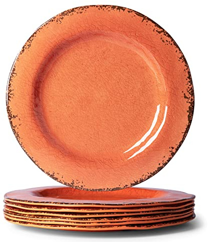 LEHAHA Melamine Salad/Dessert Plates, Crackled Design Plates Set of 6, 9 inch Small Dinner Plates, Modern Rustic Kitchen Serving Dishes for Party, Picnic and Camping Use, Orange