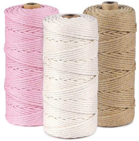 ilauke 3 Stück Makramee Garn 3mm x 100m, Makramee Baumwollgarn, Baumwollkordel Natur, Baumwoll Bastelschnur für Basteln Stricken Boho Deko DIY Handwerk, Hängepflanze Pflanze (Rosa Beige Erdgelb)