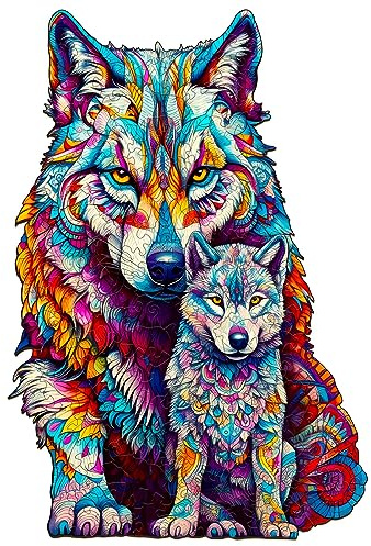 Blumuze Holzpuzzle Erwachsene 280 Stück, Wolf Family Holz Puzzle, Holzpuzzle Einzigartige Tierform Puzzleteile, Puzzle aus Tierteilen, Puzzle Holz Erwachsene mit Geschenkbox aus Holz(L-16.5 * 11.3in)