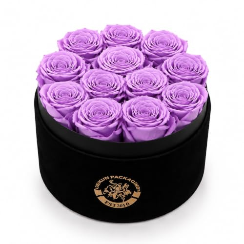 Dekun Rosenbox Rund Ewige Rosenbox – 12 konservierte Rosen Lila in Samtbox haltbar 1–3 Jahre – Geschenk für Mutter Freundin Ehefrau Oma Geburtstag Valentinstag Ewige Blume (Black Box & Purple Roses)