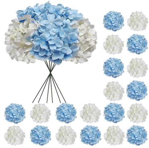 Cherica 20 Pcs Blue and White Hydrangea Artificial Flowers Bulk, Faux Hydrangea Flowers Heads, Artificial Fake Silk Hydrangea Flowers with Stems, White Flowers Artificial for Decoration Wedding Décor