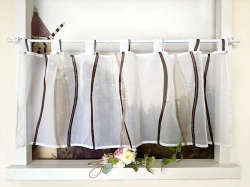 Devola Tenda corta con motivo ondulato, con passanti, in voile, moderna, in voile, trasparente, 45 x 60 cm, caffè, 1 pezzo