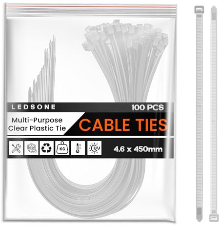 LEDSone Medium Cable Ties Clear 450mm x 4.6mm, 100 Pack White Mini Thin Cable Ties, Plastic Zip Ties 27 Lbs Tensile Strength, 18 Nylon Self Locking Tie Wraps for Household, Office, Garden