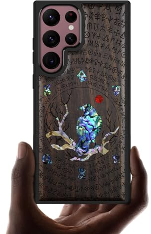 Carveit Designer Wooden Case for Samsung Galaxy S22 Ultra Case Cover [Wood Engraving & Shell Inlay] Compatible with Wireless Chargers S22 Ultra Case (Perching Crow-Blackwood)