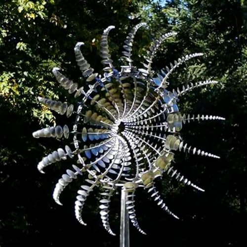 MUNCHIN Einzigartige Metall Windmühle, 3D Windbetriebene Kinetische Skulptur, Gartenstecker Windspiel, für Terrasse Rasen und Garten Dekoration,Silver