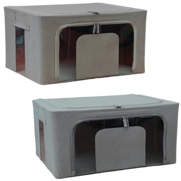 Scatola per Armadio, 2Pz Organizzatore Armadio Struttura in Metallo Pieghevole, Scatole per Vestiti Impilabili per Coperte, Biancheria da Letto, Giocattoli (2pz 50x40x22cm Grigio e Beige)