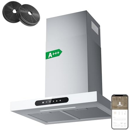 Ciarra Dynamic A+++ Dunstabzugshaube 60 cm Umluft CBCW6102 App SensorTouch Bedienung Abluft Abzugshaube 650m³/h mit Dimmbare LED-Beleuchtung Wandhaube Edelstahl Glas Weiß