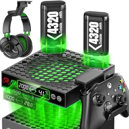 Lüfter für Xbx Series X & Series S Konsole mit 2 Packs 4800mWh Xbx Controller Akkus, Auto Einstellbares Kühler mit Modi eingebaut, mit Controller & Headset Halterungen