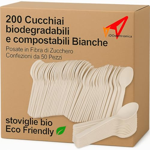 200 cucharas biodegradables y compostables blancas, cubiertos de fibra de azúcar, paquetes de 50 piezas vajilla ecológica ecológica (200 cucharas)