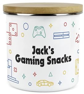 Purely Home Custom Gamer Snacks Storage Canister - Personalised Gaming Themed Homewares Gifts for Gamers - White Metal Enamel Food Storage Container Pot Present