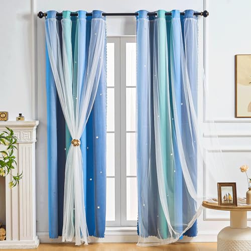 NETMEO 2 Panel Kids Bedroom Curtains, Baby Room Star Curtains, Girls Room Decor, Living Room Insulation, Theme Room Windows (Blau Grün Grau, B132xH213cm)