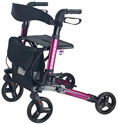 CAFIEDR Leichter Reise-Gehwagen, zusammenklappbarer Rollator mit Sitz, Transportstuhl, Doppelbremse, höhenverstellbar, 4 Räder, Mobilitätshilfen für Erwachsene und älte,Purple