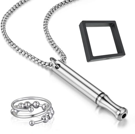 AWAVM portátil Stress Reduction Mindfulness necklace set para el día de San Valentín, collar de respiración de acero inoxidable, collar silbato de ansiedad para ejercicios de respiración