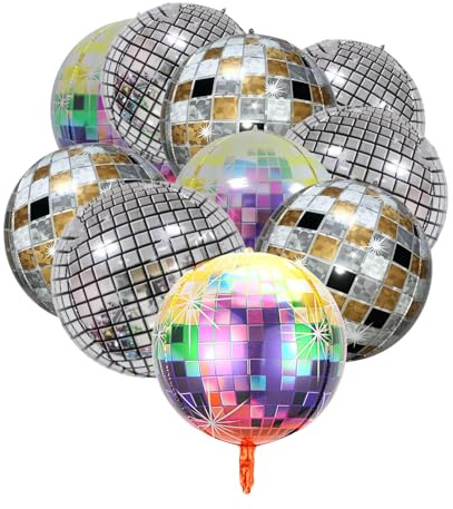SSKHE 10 globos de bola de discoteca, helio 4D, bola de discoteca colorida metálica dorada y plateada, decoraciones de fiesta de discoteca, globos redondos 4D, suministros de fiesta de baile, boda