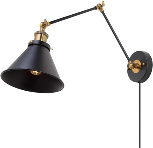 TZSMUM Retro Wandlampe Metall Industrie Wandleuchte Ausziehbar Langer Arm 270 Grad verstellbare Wandbeleuchtung with Schalter Stecker E27 für Esszimmer Galerie Gang (Schwarze,1 Stück)