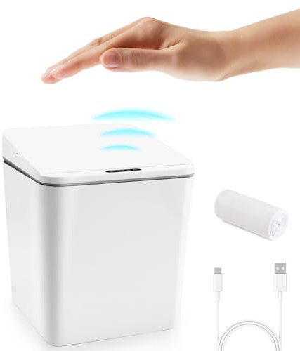 FEBHBRQ Automatic Small Countertop Trash Can, Rechargeable Mini Desktop Waste Bin with Lid for Office Desk/Bedside Table/Coffee Bar, White-1.5 Gal