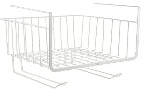Alipis Cesta de Almacenaje de Hierro Blanco con Perchero para Colgar Debajo del Estante, Fácil de Instalar y Añadir Espacio Extra en Cocina o Despensa