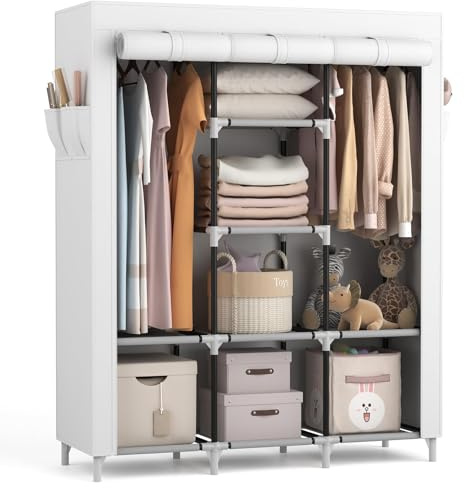 Vicye Grande armadio in tessuto con 2 aste appendiabiti e 8 ripiani, armadio pieghevole con copertura, armadio portatile per spogliatoio, camera da letto (bianco, 124 x 42 x 162 cm)