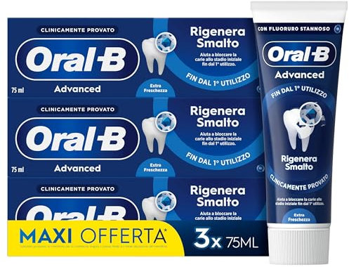 Oral-B Dentifricio Advanced Rigenera Smalto 3x75ml, Dentifricio Oral B, Clinicamente Provato, Pulizia Denti Efficace, Alito Fresco, Extra Freschezza Sapore Eucalipto
