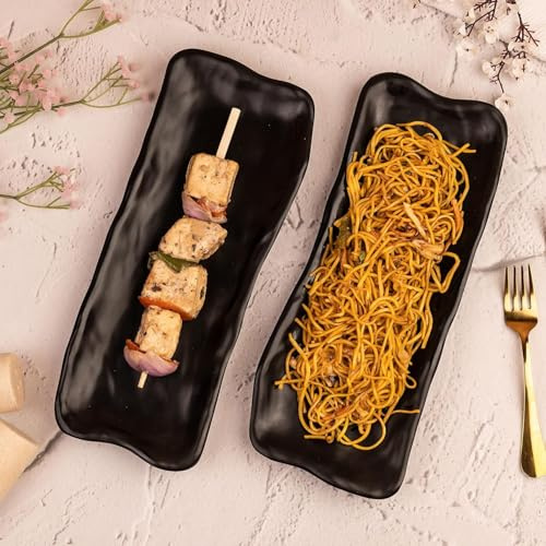 Multi-Purpose Kitchen Serving Platter Melamine Crockery Set of 12 Chip and Dip Tray for Snacks/Starters/Desserts (Matte Black)