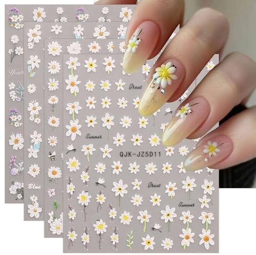 JMEOWIO 3D Nagelsticker Blumen Nail Art Sticker Selbstklebend Nagelaufkleber 5D Stereoskopisch Sommer Frühling Blumen Dekoration Nageldesign Zubehör 4 Blatt