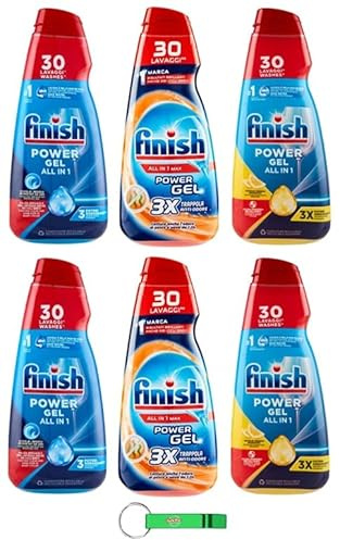 Testpaket Finish Powergel Flüssigwaschmittel für die Spülmaschine, multifunktional, entfettende Wirkung, 30 Wäschen 6 x 600ml + Beni Culinari Kostenloser Schlüsselanhänger