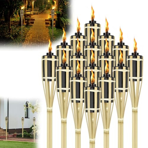 QEENTOE 36 Stück Gartenfackeln für Draußen – 90cm Outdoor Ölfackeln mit 12 Ersatzdochten | Wetterfeste Dekofackeln für Garten, Terrasse, Strand & Hochzeit | Bambusfackeln für gemütliche Atmosphäre
