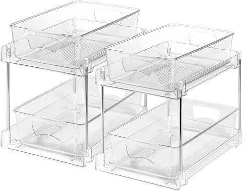 Clear Bathroom Organizers Stackable 2-Tier Kitchen Pull Out Under Sink Cabinet Storage Container Reusable Vanity Countertop Sliding Drawers Storage Unit for Pantry Skincare Spices (2 Pack)