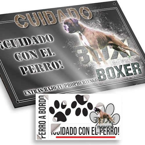 Boxer macho Cuidado con el Perro Señal 29x18cm - Diseño Antracita Dibond con Pegatina Coche Premium 20x5cm