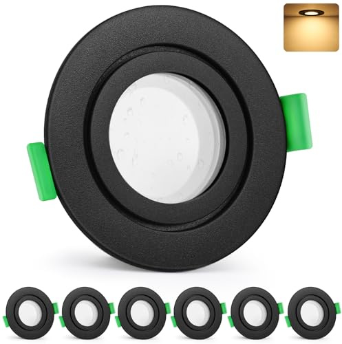 GeyouLux LED Einbaustrahler 230V IP65, 5W 600LM 2700K Warmweiß Deckenspots | 65-75mm EinbauØ Einbauleuchten, Ultra Flach Einbauspots für Badezimmer Küche Rund Schwarz LED Spots 6er Set